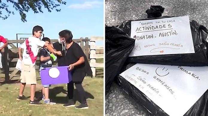 Maestra chocando sus codos con sus alumnos al entregarles la tarea