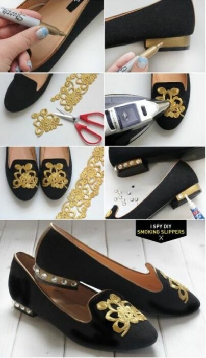 DIY zapatos negros de piso decorados con tela dorada pegada con silicón frío