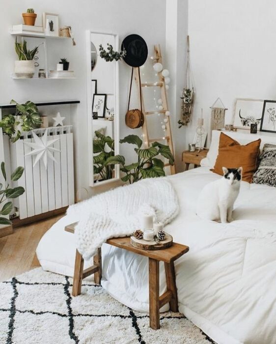 Habitación acogedora con paredes blancas, cama con cobija blanca, cojín café, mesita de madera para tomar el té, alfombra blanca con rombos de líneas negras y un gato sentado arriba de la cama con cabeza negra y cuerpo blanco