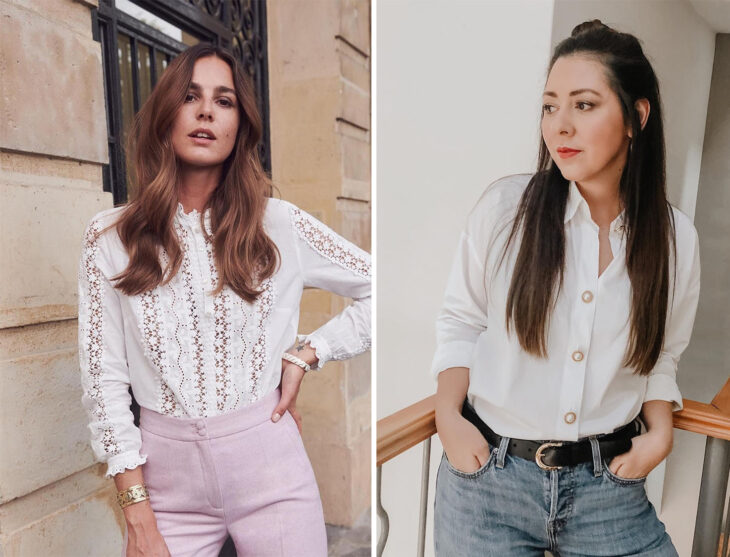 Lado izquierdo: Chica usando pantalón de vestir color rosa bebé y blusa blanca de manga larga con detalles de encajes. Lado derecho: Chica usando jeans con cinturón negro y blusa blanca de manga tres cuartos con botones dorados.