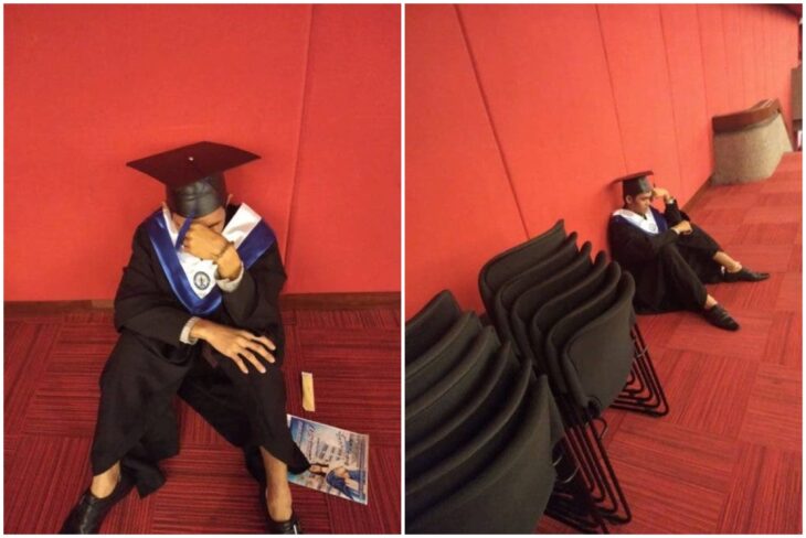 Jeric Rivas, estudiante llevando su toga, llorando durante su graduación por encontrarse solo; Estudiante llora en su graduación porque su familia no quiso acompañarlo en su gran día
