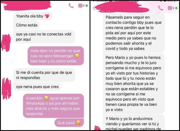 Mensaje 1; Le escribió a una amiga que hace años no veía para pedirle que pague todo el bautizo de su hija