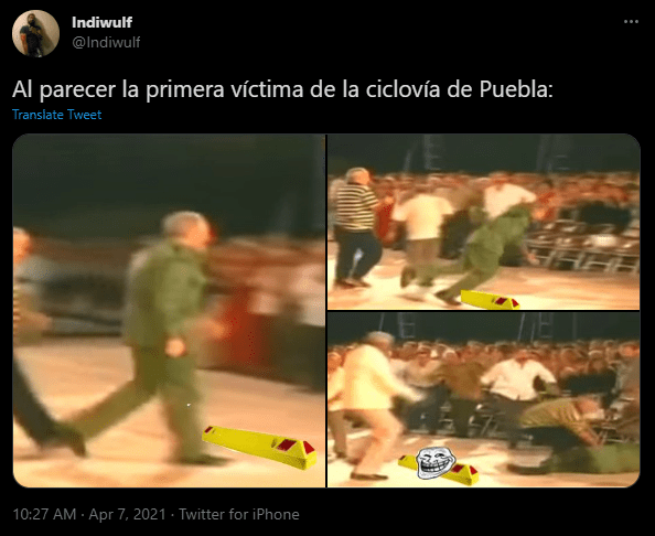memes de usuarios en twitter burlándose de las caídas en ciclovía de Puebla