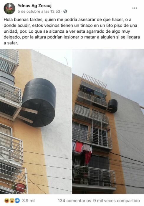 Denuncia en Facebook de mujer que cuelga su tinaco con dos tablas en un balcón