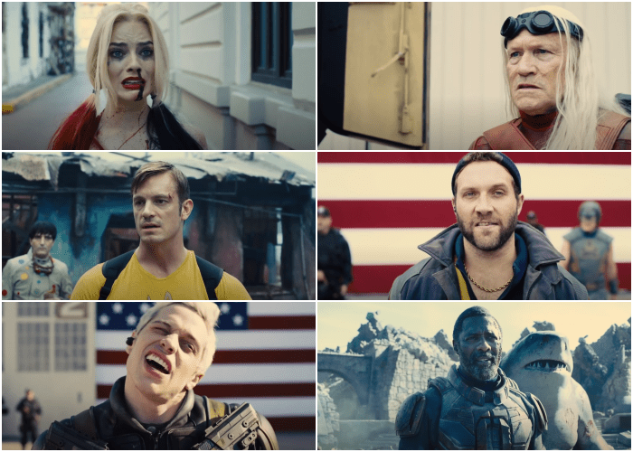 margot robbie, harley quinn, Blackguard, Peacemaker, Bloodsport y Savant, que son interpretados por Pete Davidson, John Cena, Idris Elba y Michael Rooker