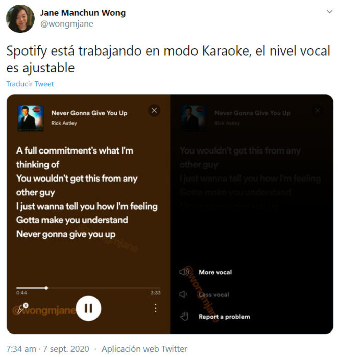 Screen shot de Twitter de Jane Manchun Wong, hablando acerca del modo karaoke de Spotify
