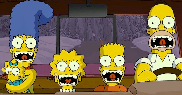 Escena de la serie de Los Simpson con todos los personajes dentro del carro gritando