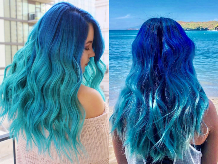 Cabello azul balayage; cabello teñido de azul degradado que parece el océano